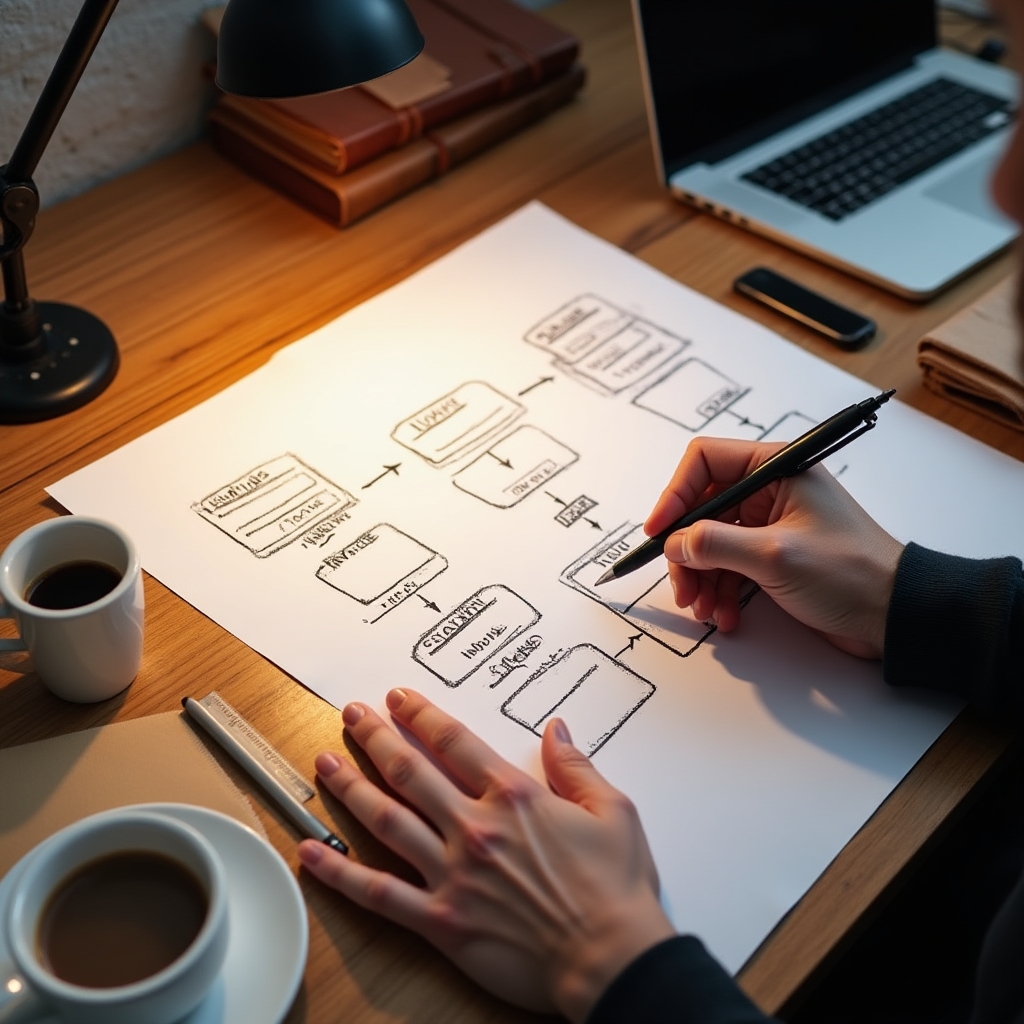 Close-up of hands sketching a data flow diagram on paper at a wooden desk, mapping connections between software tools under warm office lighting