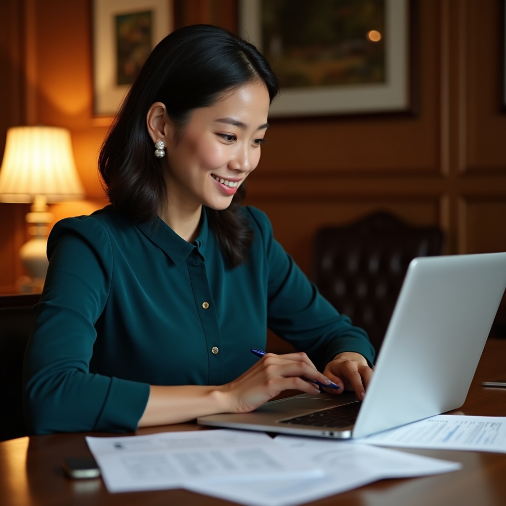 Professional person in their 30s reviewing a spreadsheet on a laptop at a traditional wood-panelled office desk, warm lighting
