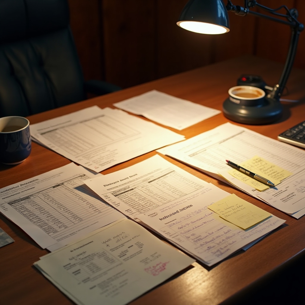 Cluttered desk with printed spreadsheets and invoices representing manual financial management challenges