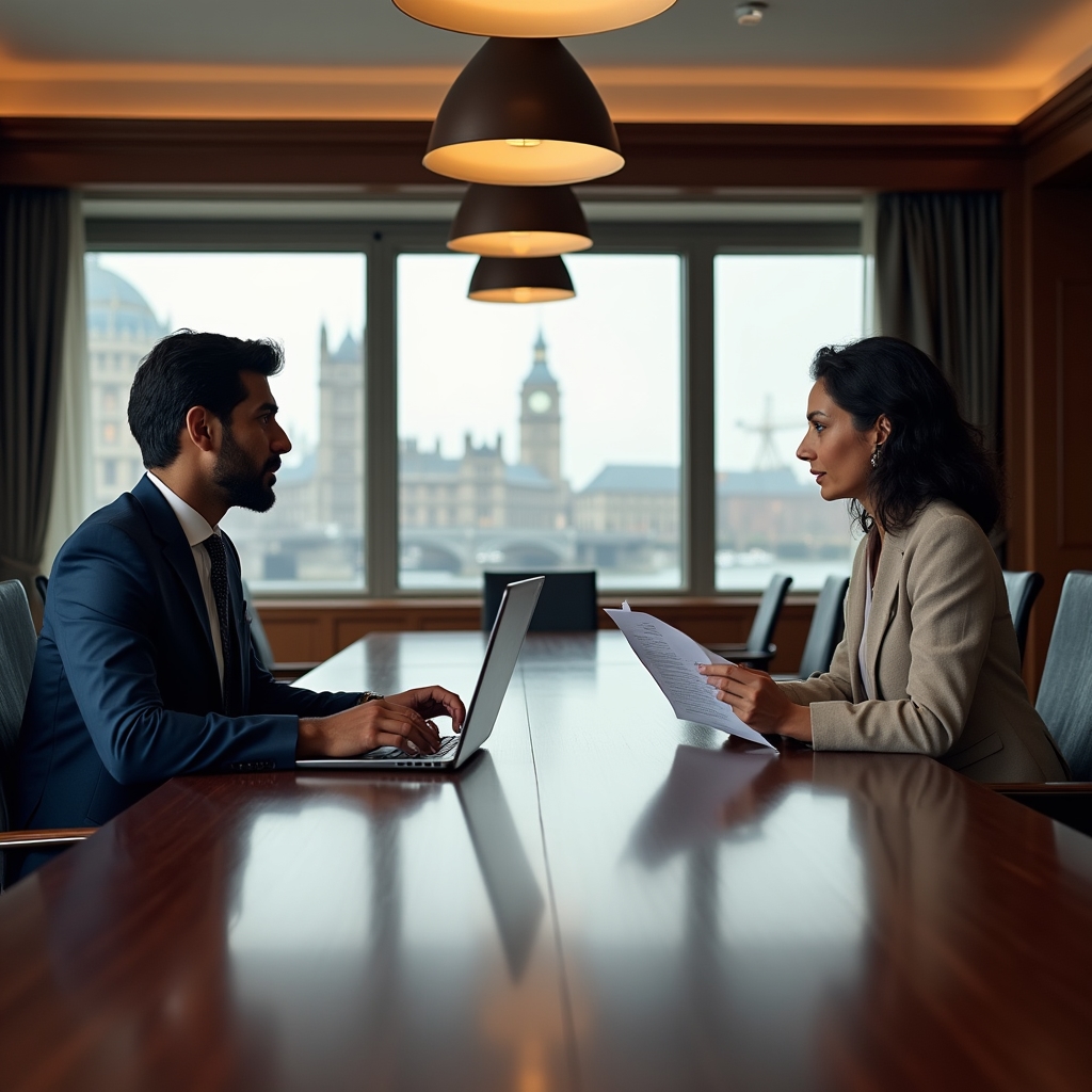 Two professionals in their 30s having a focused discussion at a meeting table with laptops and printed documents, warm office lighting, medium shot