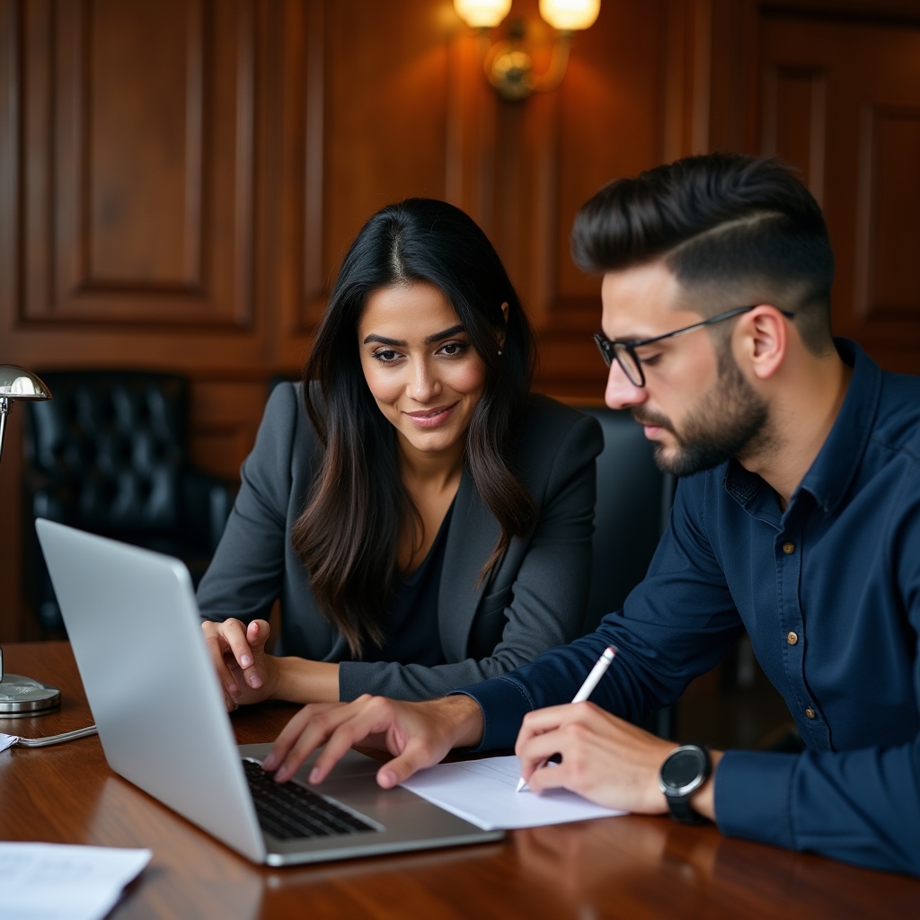 Two Telepulse team members reviewing financial dashboard data together at a desk in a professional London office
