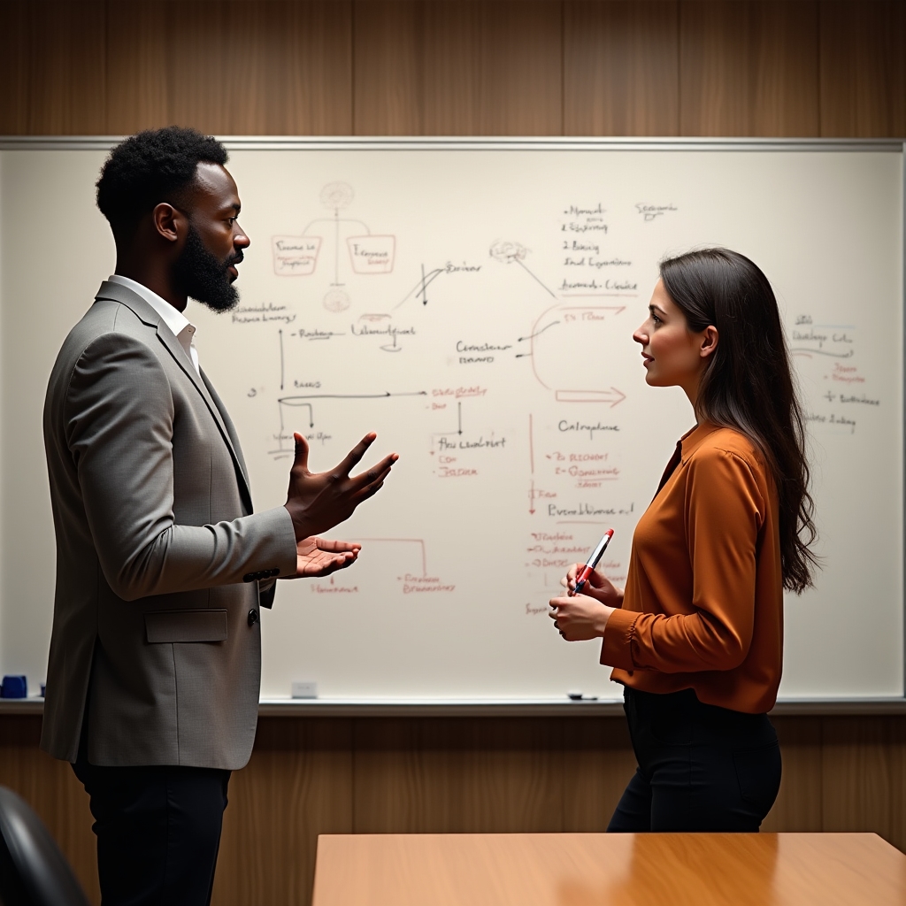 Two colleagues in their 30s standing at a whiteboard covered in diagrams, discussing workflow improvements in a warmly lit office environment